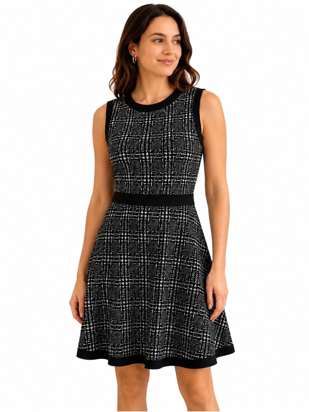 NWOT Kate Spade New York Mod Plaid Knit Sweater Swing Dress in black and white